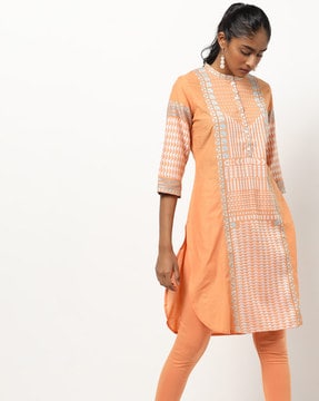  aurelia Women's Orange Round Neck Yarn-dyed Kurta-Small :  Clothing, Shoes & Jewelry