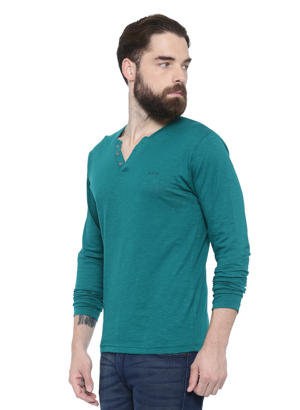 Buy Green WITH Solid Slim Fit Henley T-shirt | AJIO