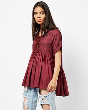 Printed Kaftan Top with Extended-Shoulder Sleeves