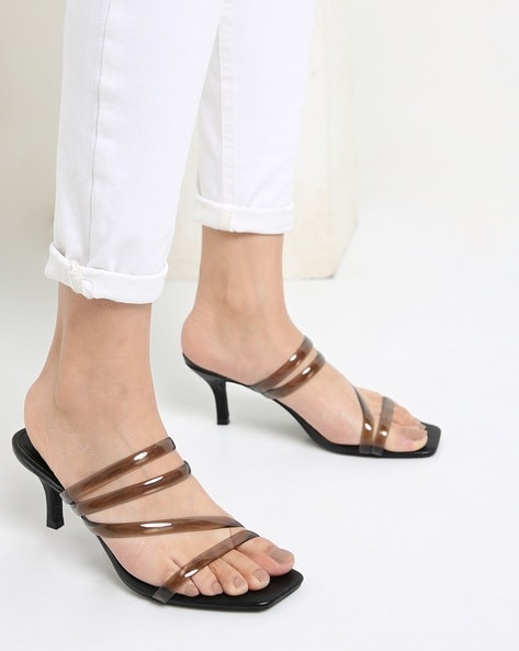 New Look Strappy Square Open Toe Stiletto Heel Sandals in Black Womens Shoes Heels Sandal heels 