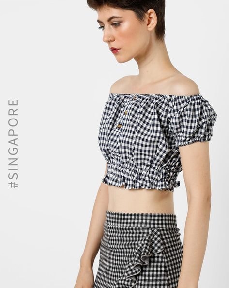 black and white checkered off the shoulder top