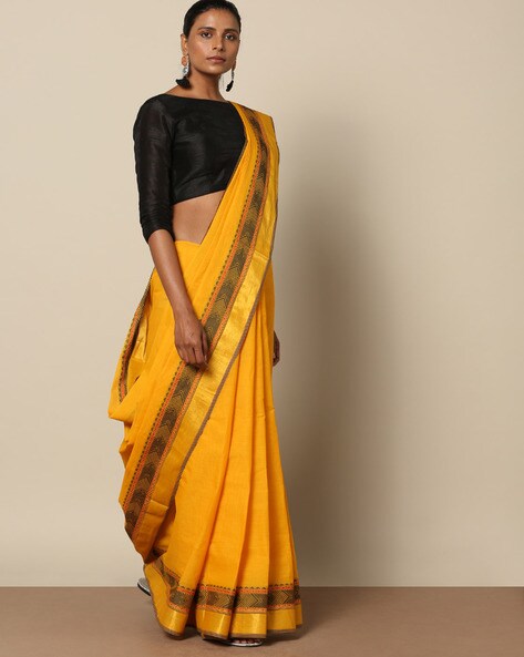Buy Yellow Handwoven Kanchipuram Cotton Saree Online at Jaypore.com