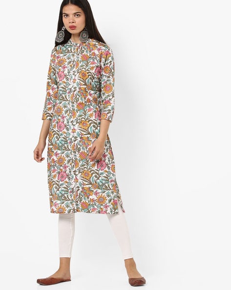 Floral Print Straight Kurta with Mandarin Collar