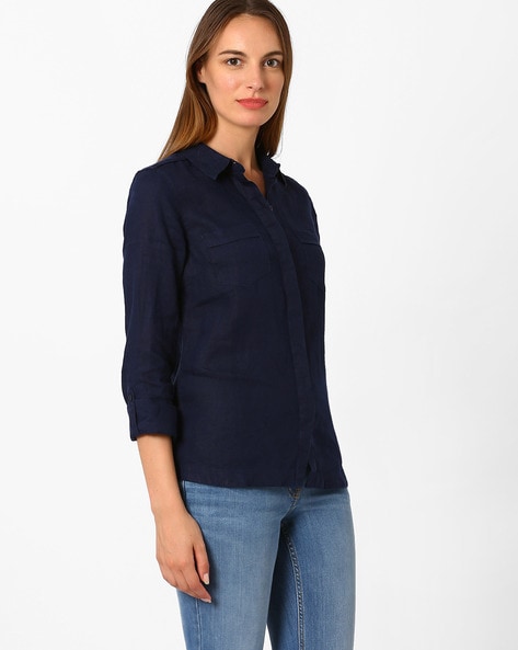 navy linen shirt womens