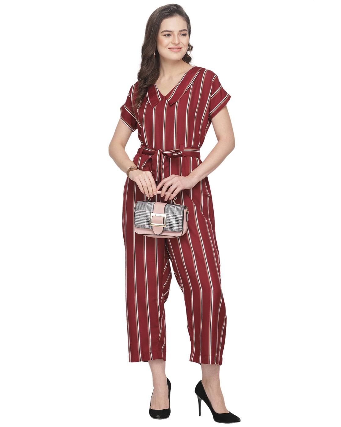 maroon striped jumpsuit