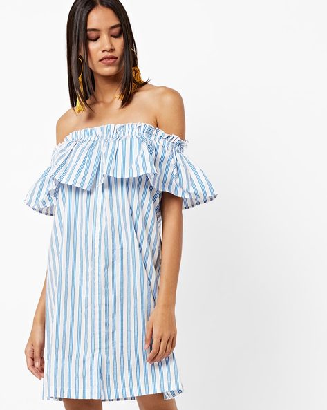 blue and white striped off the shoulder dress