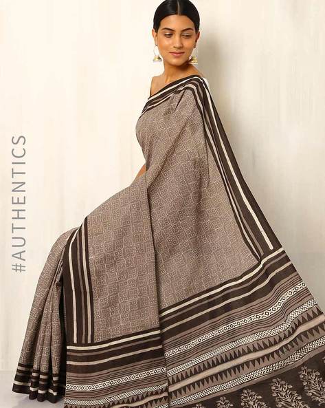 Summer Classics. Bagru Block Printed Mulmul Cotton Saree - Black & Whi –  Okhaistore