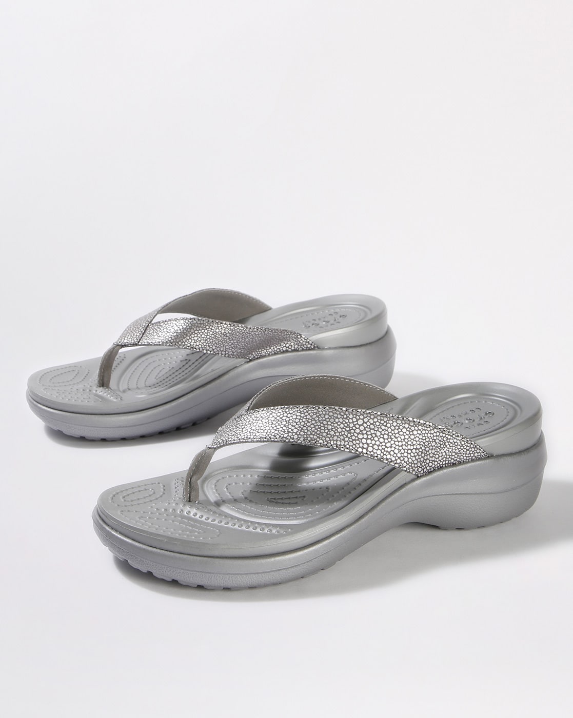 metallic silver flip flops