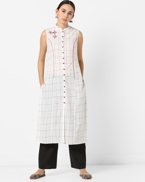 Checked Sleeveless Kurta With Embroidery By AJIO ( Offwhite )