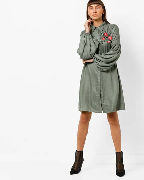 Drop-Shoulder Shirt Dress With Bishop Sleeves By AJIO ( Green )
