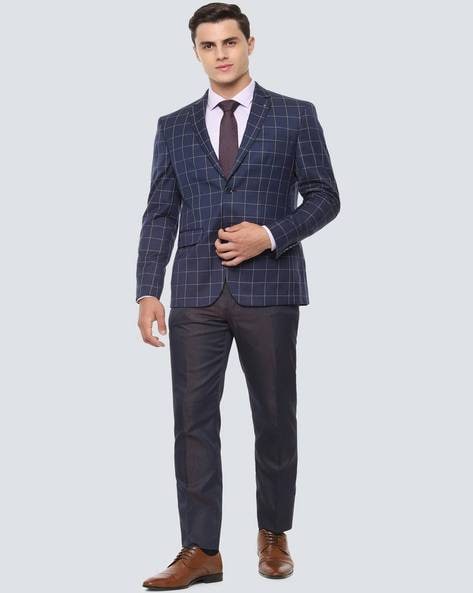 Buy Louis Philippe Men Navy Blue & Beige Slim Fit Single Breasted Checked  Formal Linen Blazer - Blazers for Men 11549848