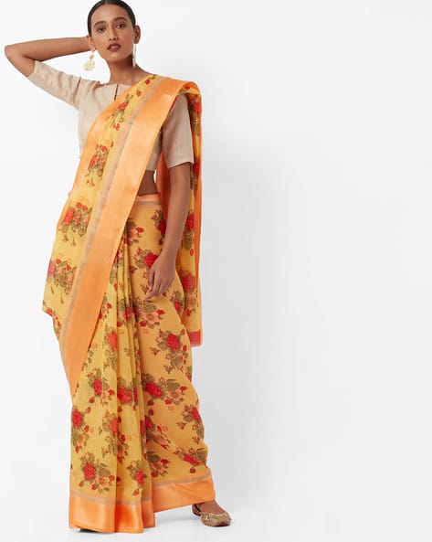 Floral Print Cotton Saree With Contrast Border By Vastrangi ( Yellow )