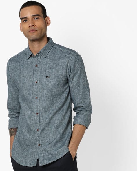 Textured Slim Fit Shirt With Patch Pocket By The Indian Garage Co ( Teal )