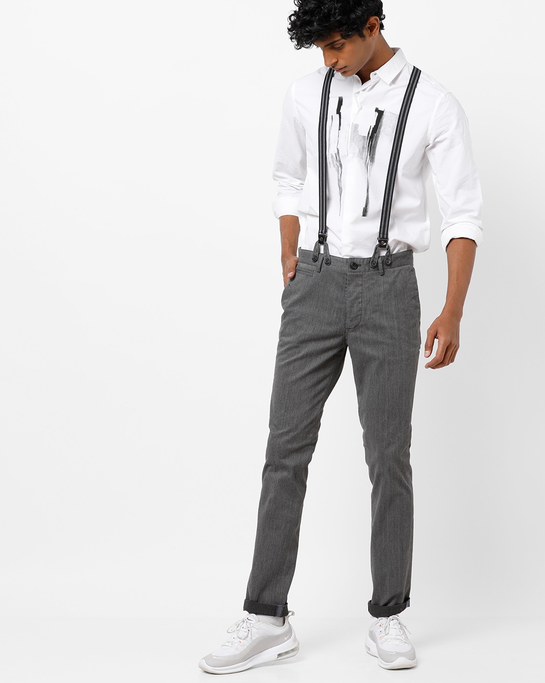 Laidback groomsmen attire idea  gray pants suspenders and bow tie  Michelle Lea Photographie  Blue trousers Blue shirt dress Suspenders