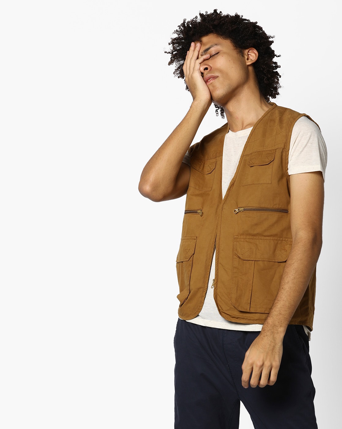 khaki sleeveless vest