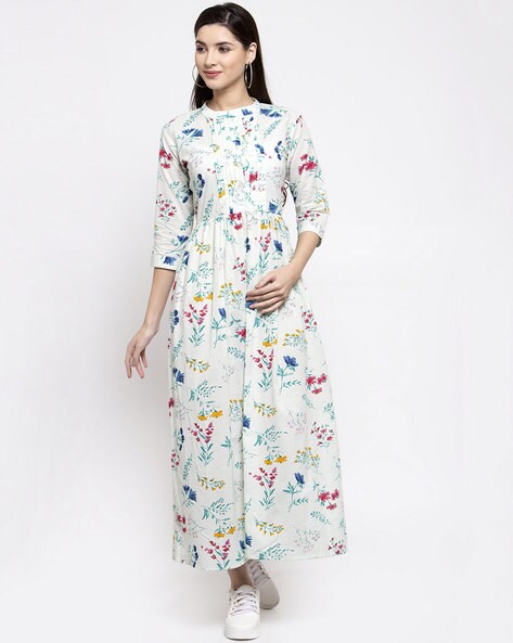 Floral Print A-line Kurta with Pintucks