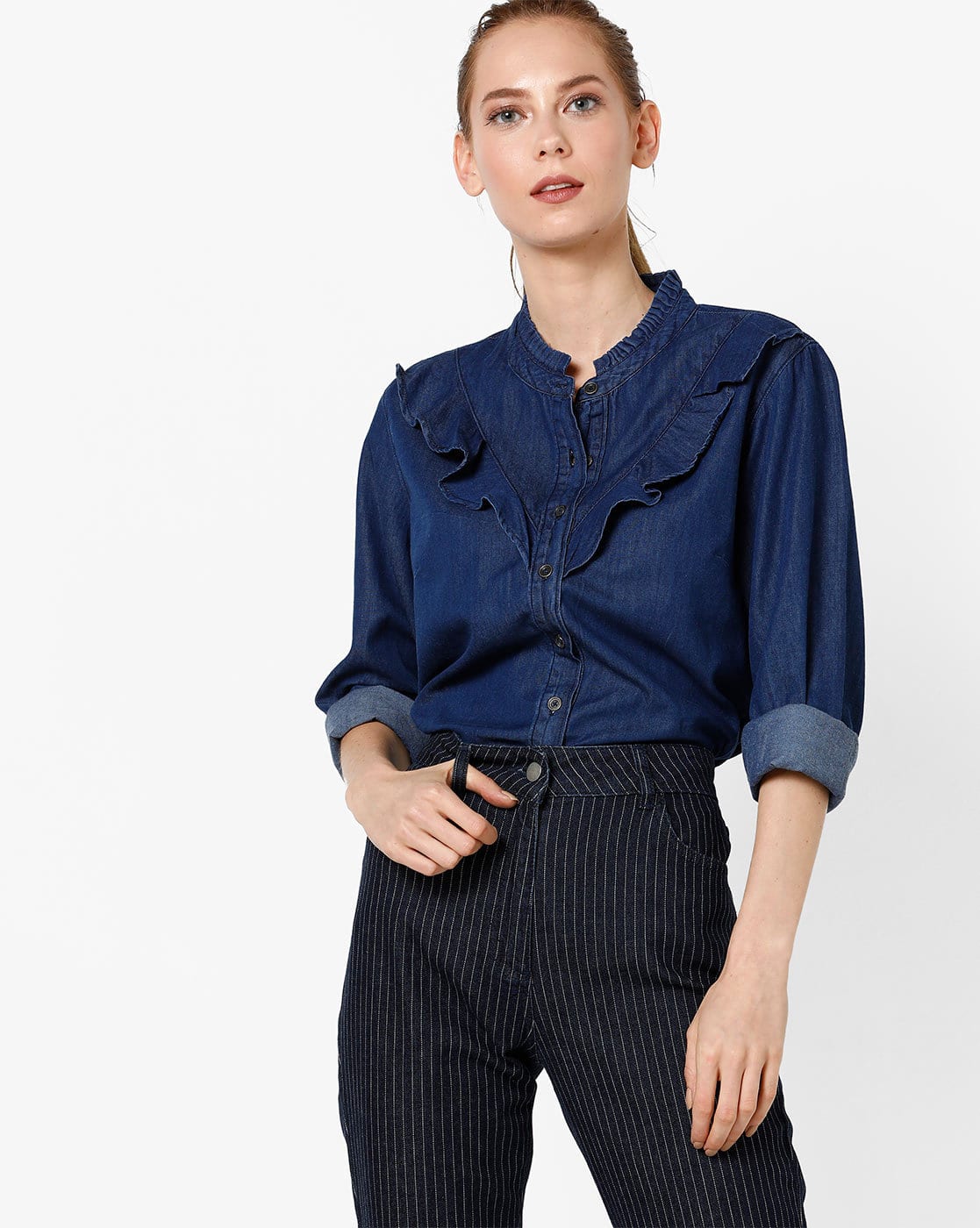 womens ruffle denim shirt