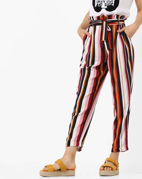 Striped Paper-Bag Waist Pants with Insert Pockets
