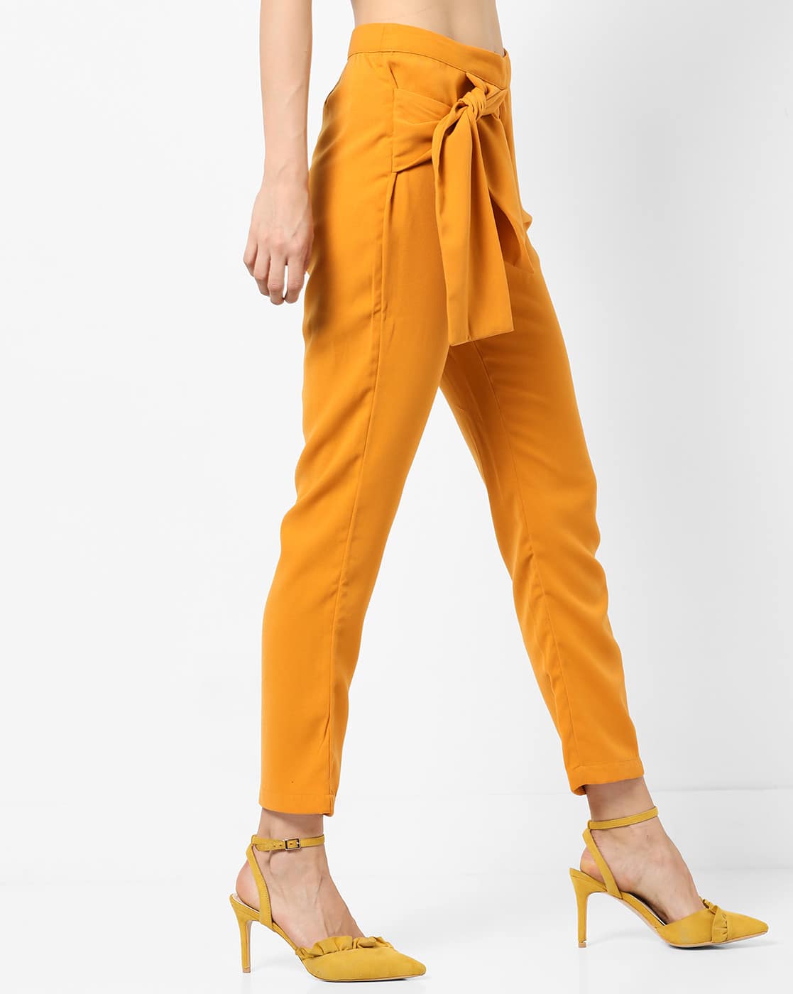Cropped Pants Mustard Yellow Paper Bag Pants Slim Fit High-Waist