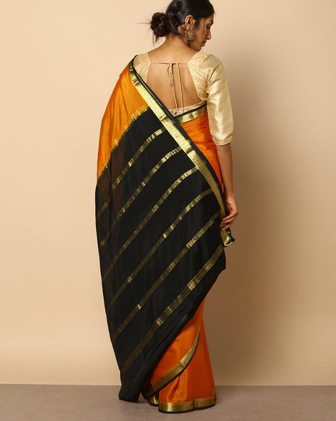 Mysore Silk Saree- Red with Contrast Black Thick Border (Attached Blou
