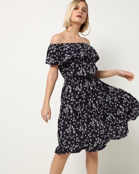 Floral Print Off-Shoulder Fit & Flare Dress
