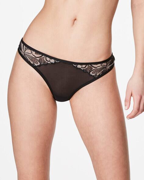 Ruched Sheer Brief With Floral Lace Panels By Hunkemoller ( Blk )