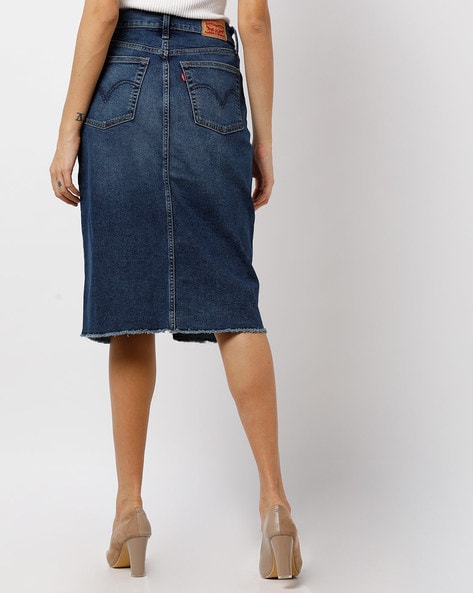 Washed Straight Skirt with Front Slit