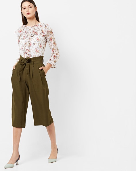 Buy online Green Pleated Cotton Culottes Pants from bottom wear