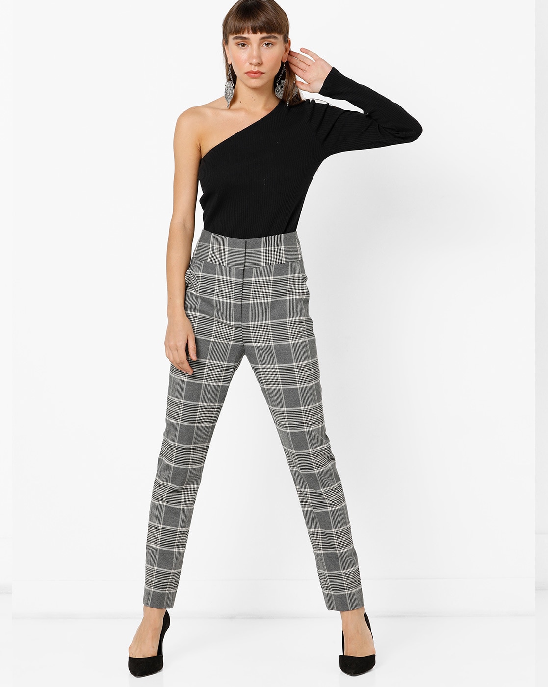 Check-pattern Wide-leg Trousers - BLACK | Zini Boutique