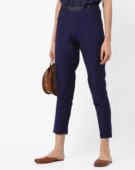 Buy Women Navy Blue Regular Fit Solid Linen Cropped Trousers online   Looksgudin