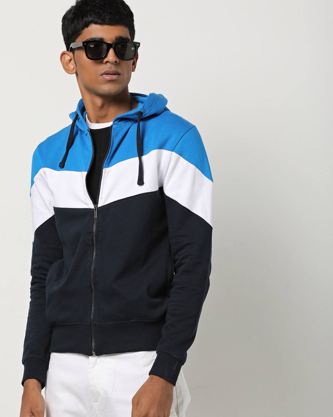 blue and white sweatshirt