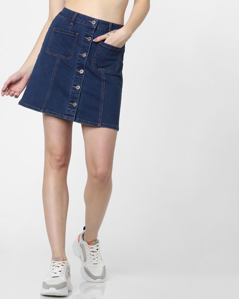Single breasted Black A line Denim Skirt Button Fly Solid - Temu