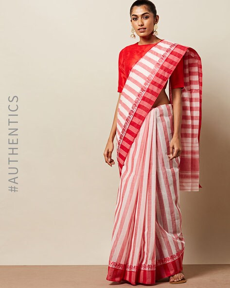 red and white striped saree online