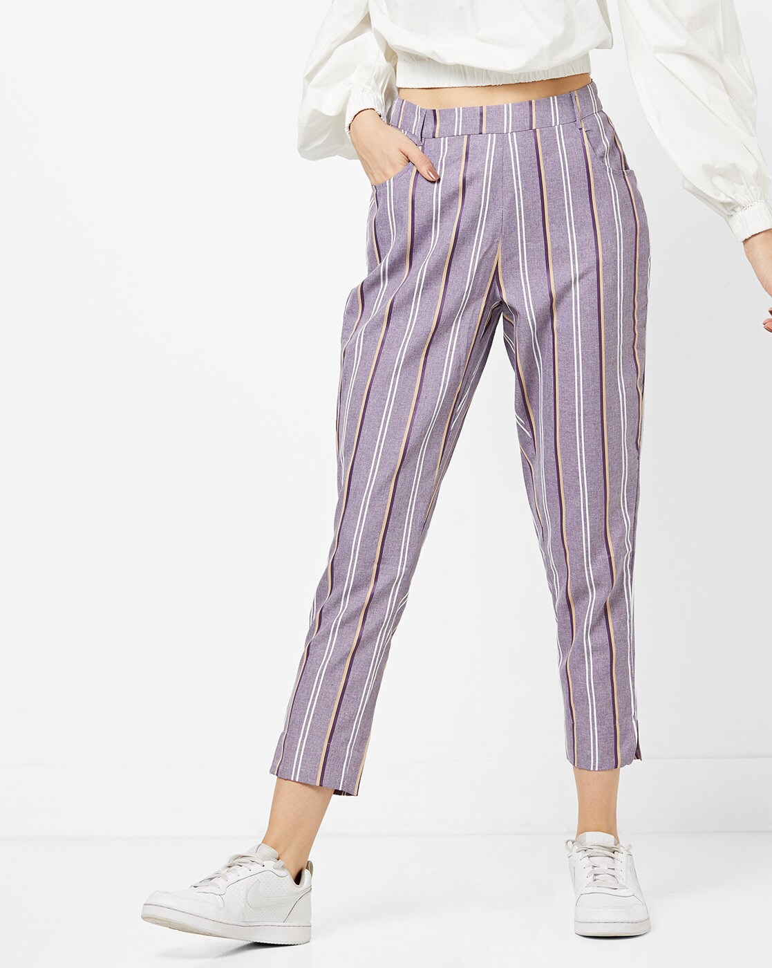 purple striped trousers