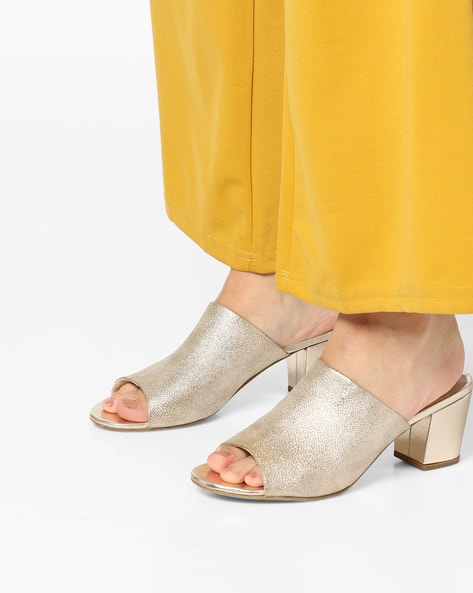 gold mules block heel