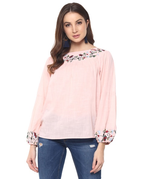 Floral Embroidered Round-Neck Blouse