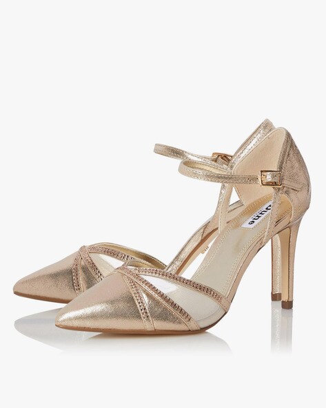 gold pointed toe heels with ankle strap
