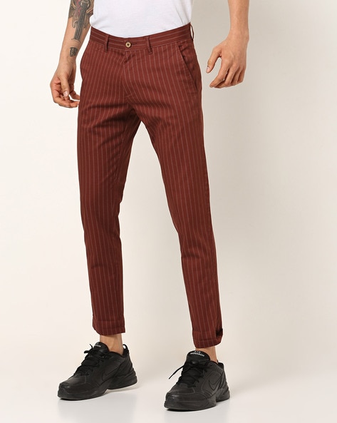 Beige Slim Fit Striped Laced Pants for Men by GentWith.com