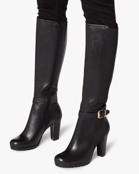 black leather calf length boots