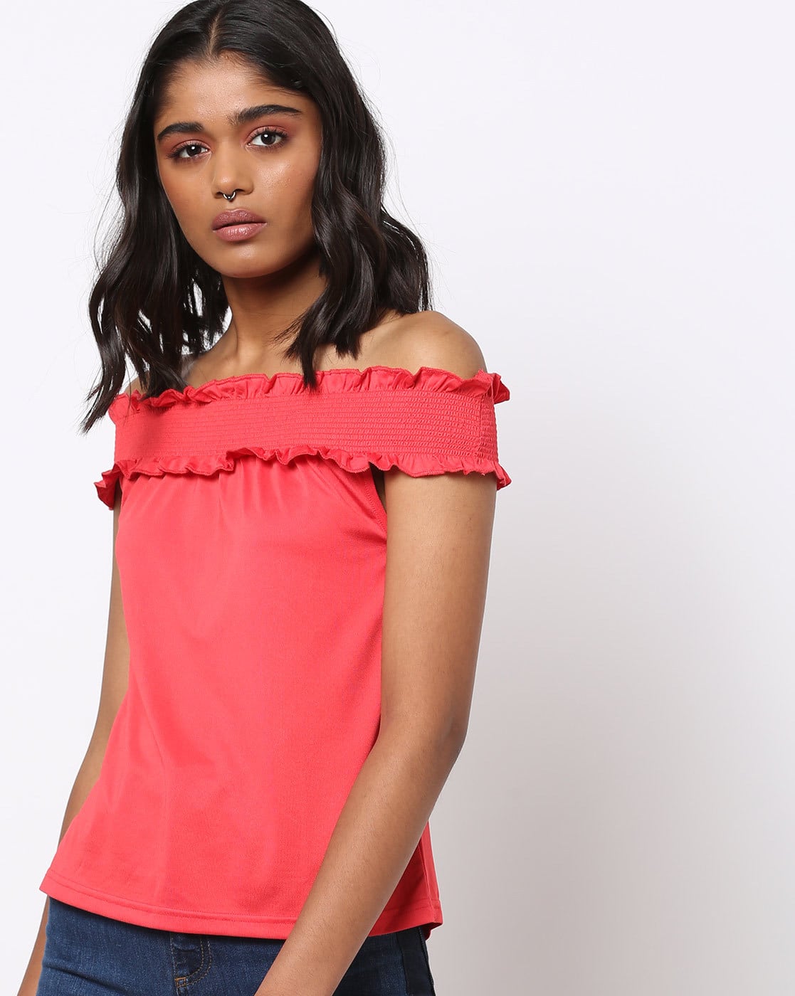 red ruffle off the shoulder top