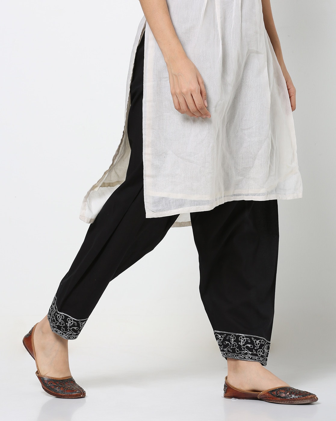 Solid Resham Embroidered Short Kurta with Salwar Pants - Black