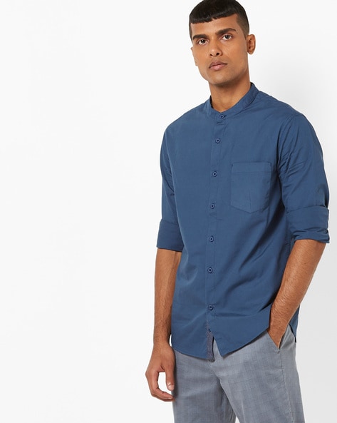 ASOS Skinny Denim Shirt With Grandad Collar In MId Wash | ASOS