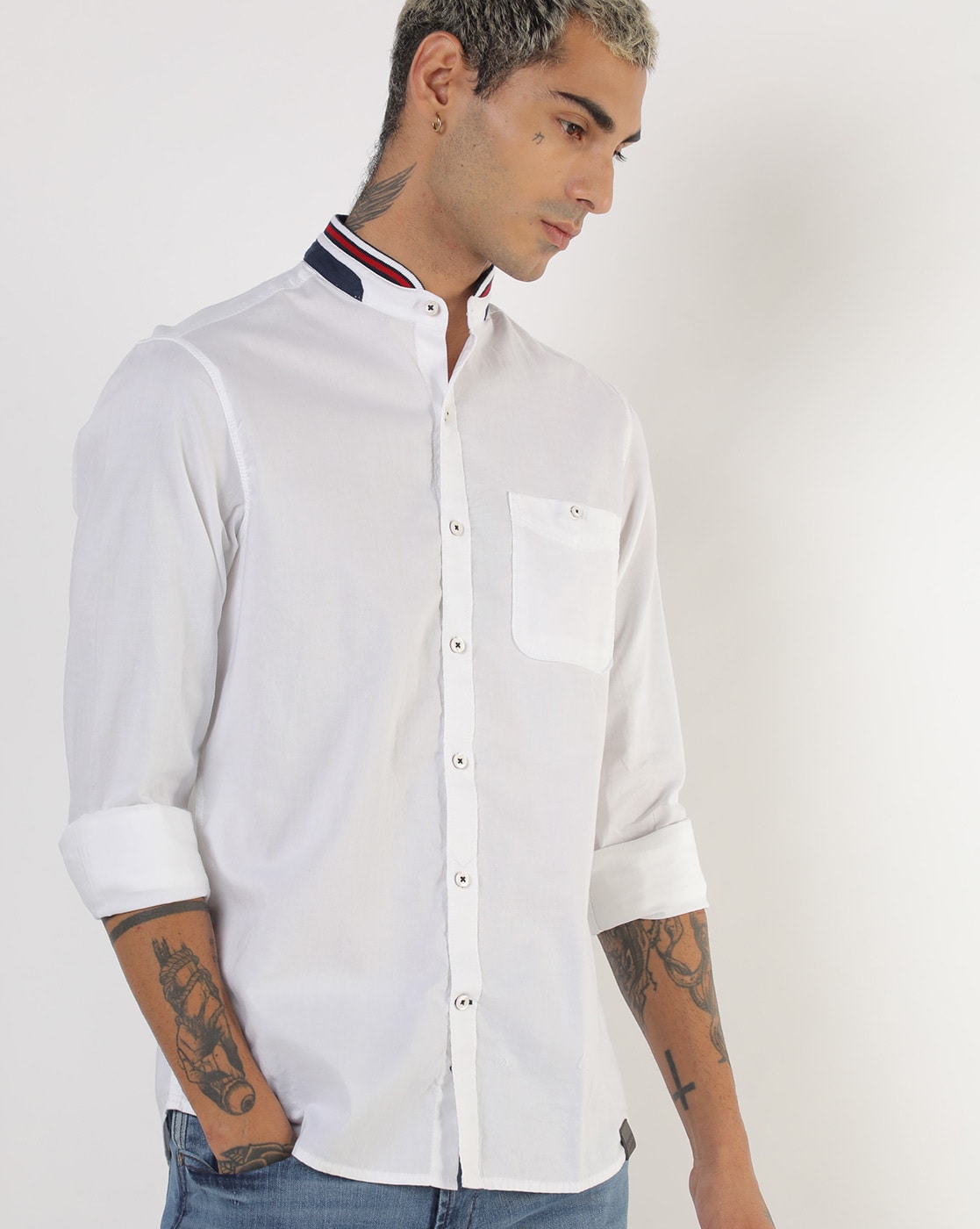 Men Extra Slim Fit Shirt with Stand Collar