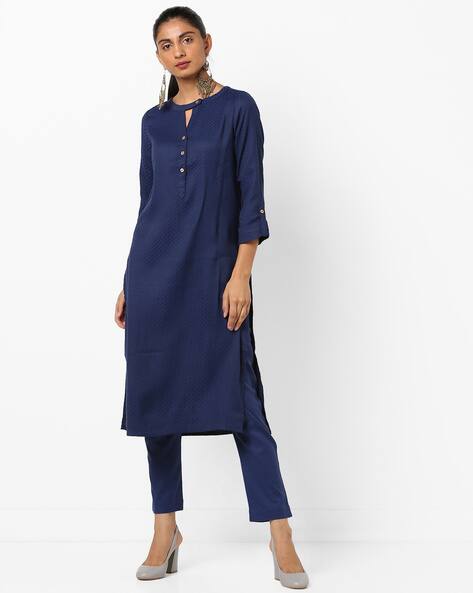 Textured Straight Tunic With Cutout Neckline By Global Desi ( Navy )