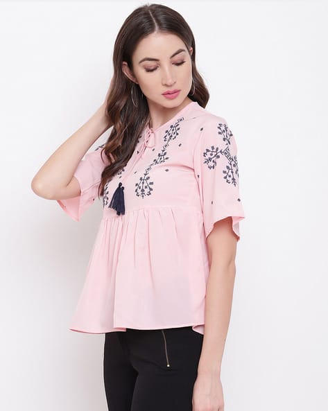 Round-Neck Top with Placement Embroidery (Image - 1)