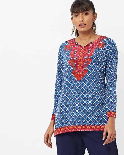 Printed Straight Kurti with Notched Neckline