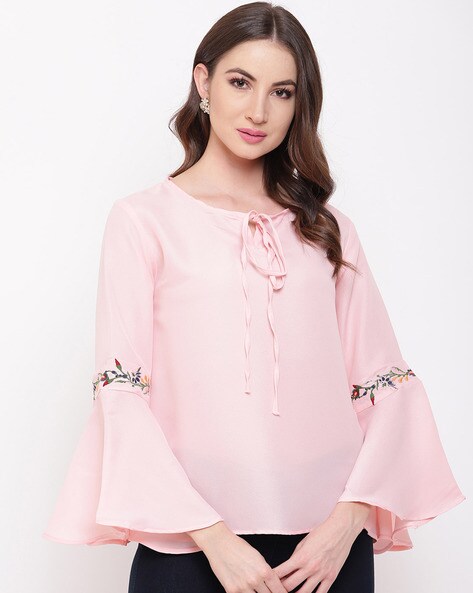 Round Tie-Up Neck Top with Flounce Sleeves