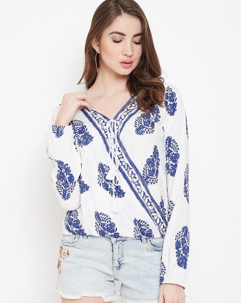Floral Print Surplice-Neck Top with Tie-Up