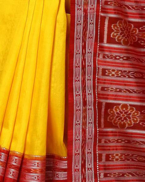 Yellow Colour Sambalpuri Handloom Silk/Cotton Mix Pata Bapta Saree -  Sambalpuri Handloom Item