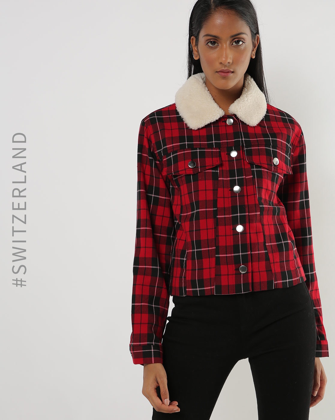 checked jacket with fur collar